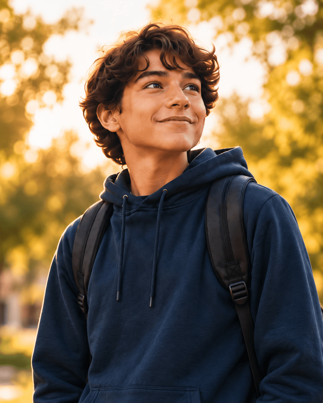 Teen smiling outdoors with a backpack